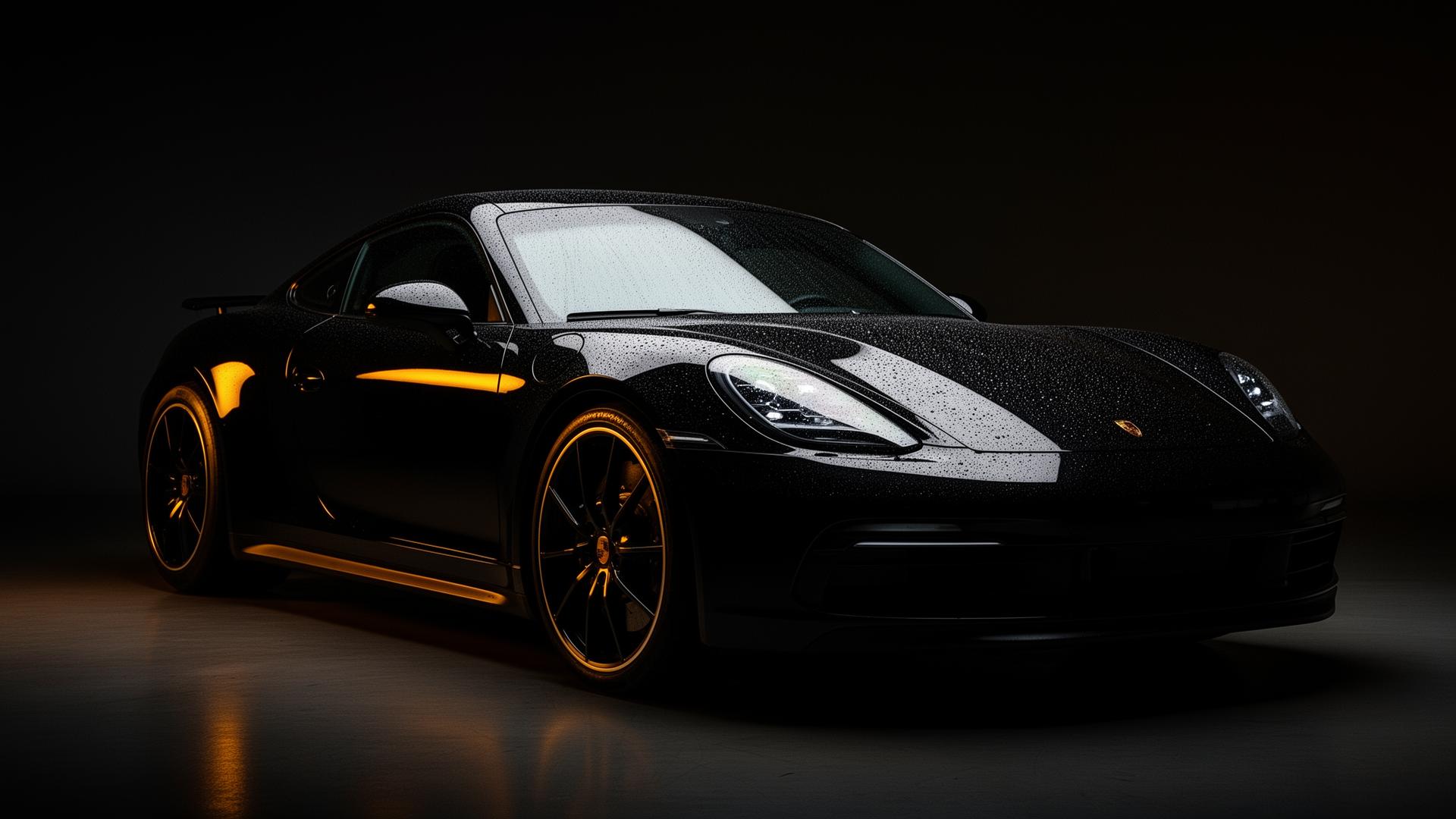 Glossy black luxury sports car with water beads